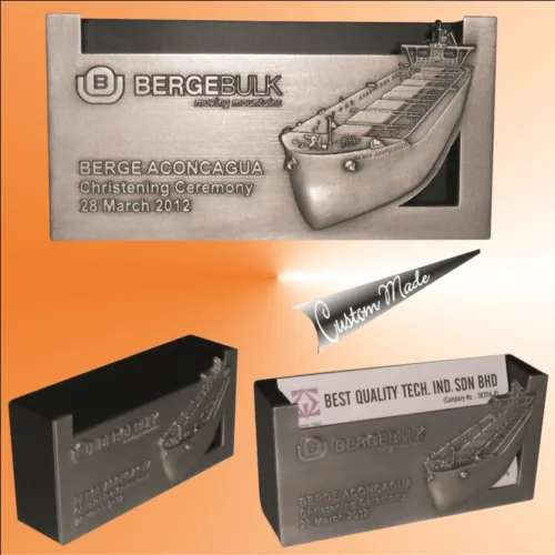 Name Card Holder - Wooden back 3D pewter card holder | Corporate Ship's Design
